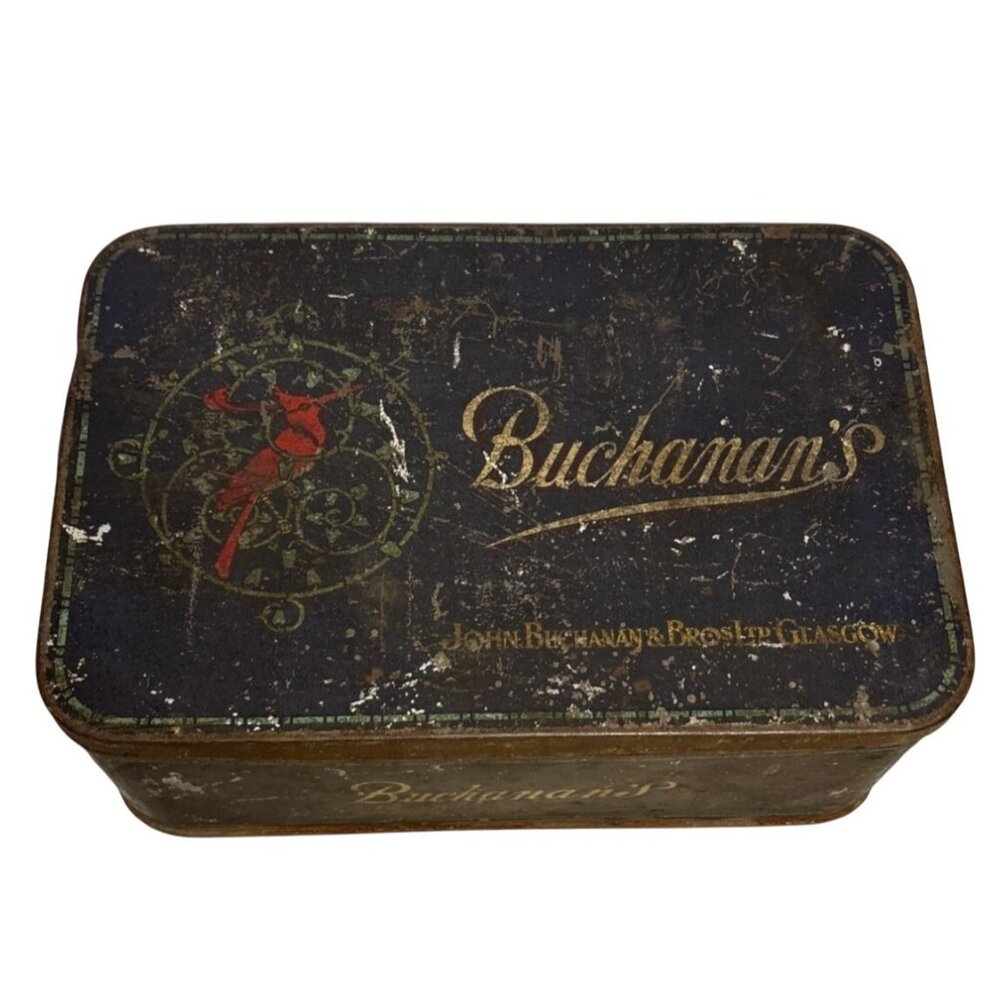 John Buchanans Antique Tin Box Early 20th Century Cardinal on Top Hinged Lid